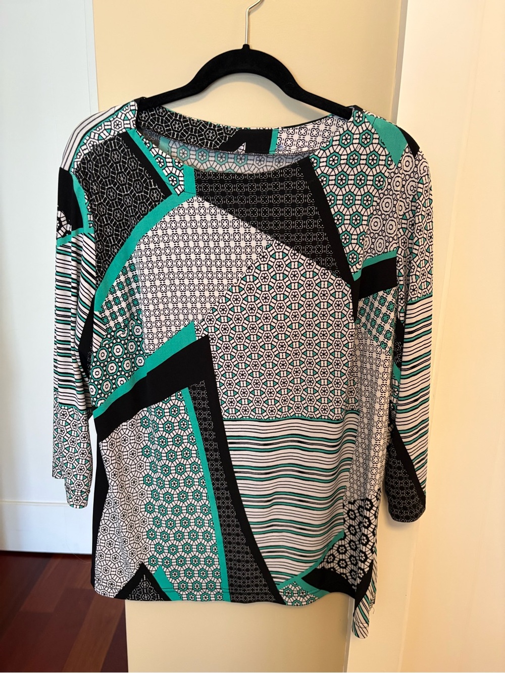 Women's Geometric Print Boatneck Top - Teal/Black/White